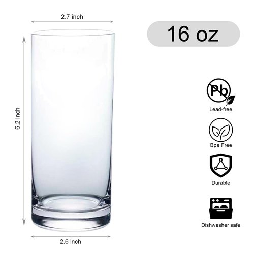 Drinking Glasses Set of 6, 16oz Crystal Highball Glasses, Clear Tall Glass Cups,Water Glass for Kitchen,Tom Collins,Juice,Whiskey,Mojito Cocktail Glasses for Bar Glassware,Gifts for Christmas