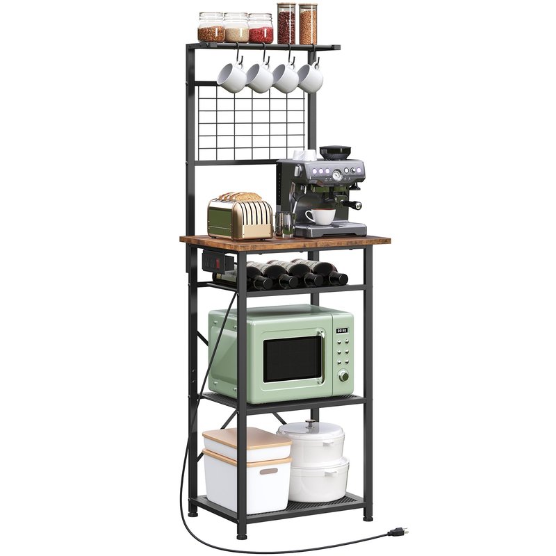 MAHANCRIS Bakers Rack with Power Outlet, Coffee Bar Station with Wine Rack, Bakers Racks for Small Spaces, Microwave Stand for Kitchen, Rustic Brown and Black BRHR23E01