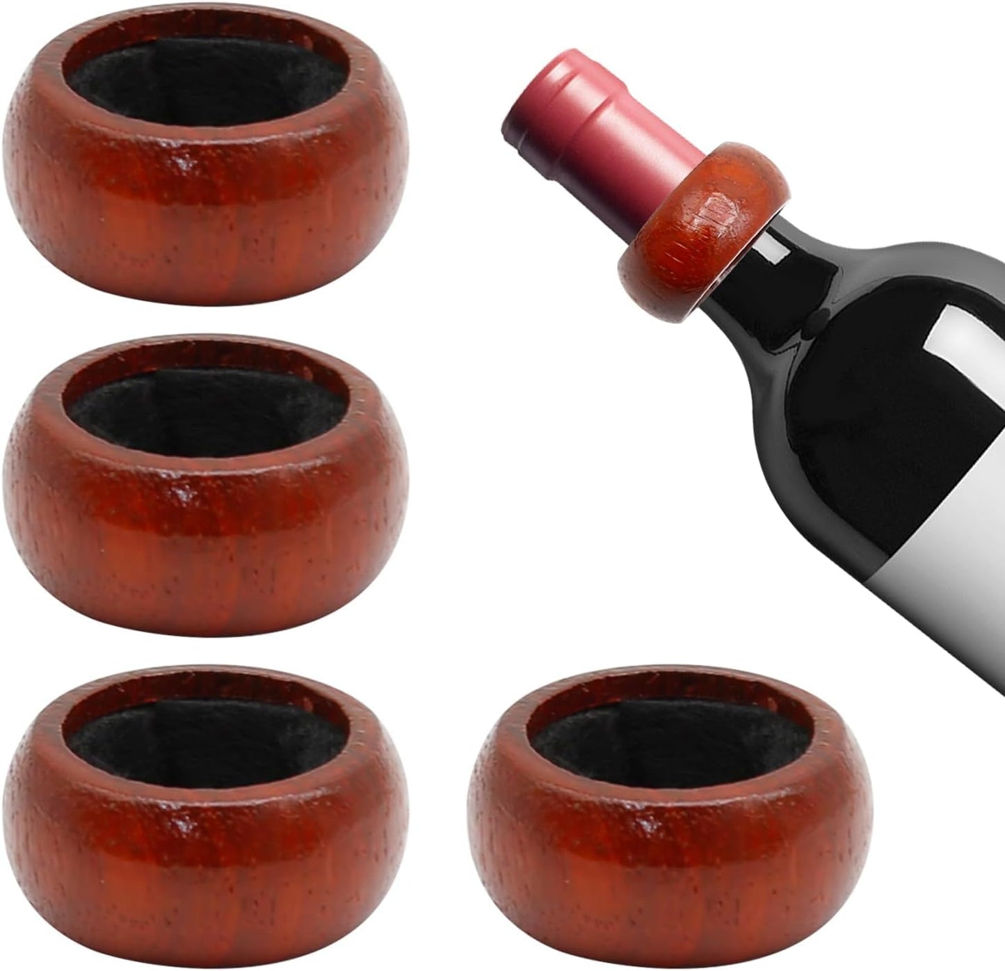 Saihisday Rosewood Wine Rings - Elegant Drip Catchers for Wine Bottles | Set of 4 Collars for Home & Bar