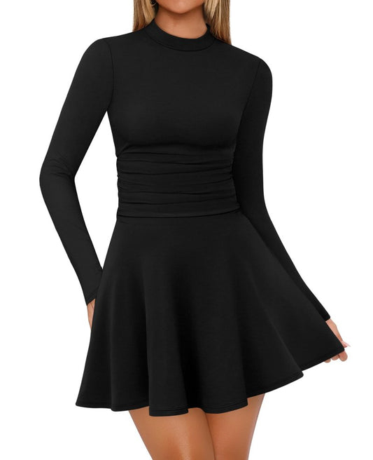 OFEEFAN Long Sleeve Black Dress Fall Winter Dresses for Women 2025 Cocktail Mini Outfits Wedding Guest Clothing Mock Neck L