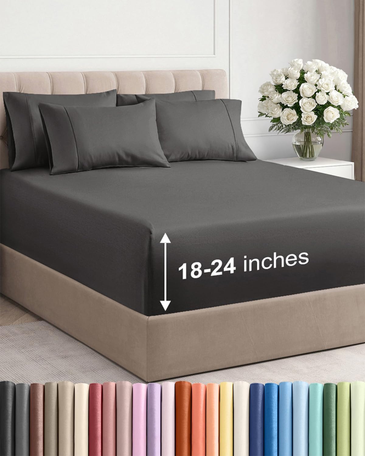 Skiennix Extra Deep Full Sheet Set - 6 Piece Breathable Cooling Sheets - Hotel Luxury Bedding - Charcoal Color