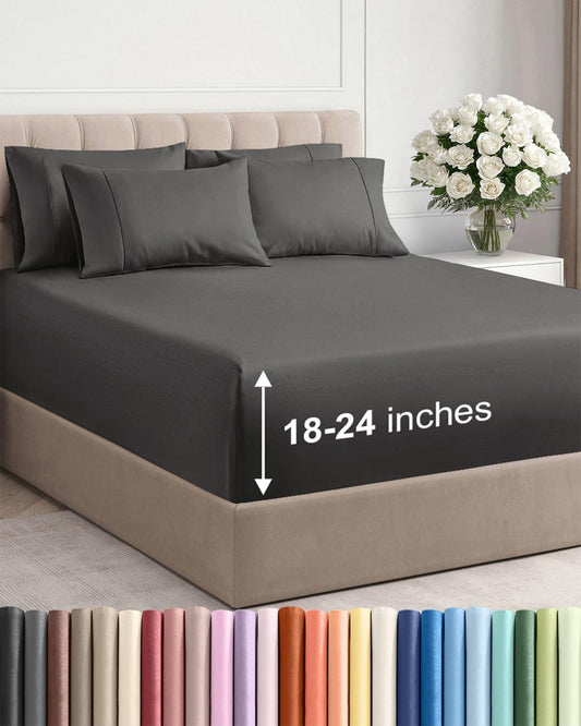 Skiennix Extra Deep Full Sheet Set - 6 Piece Breathable Cooling Sheets - Hotel Luxury Bedding - Charcoal Color