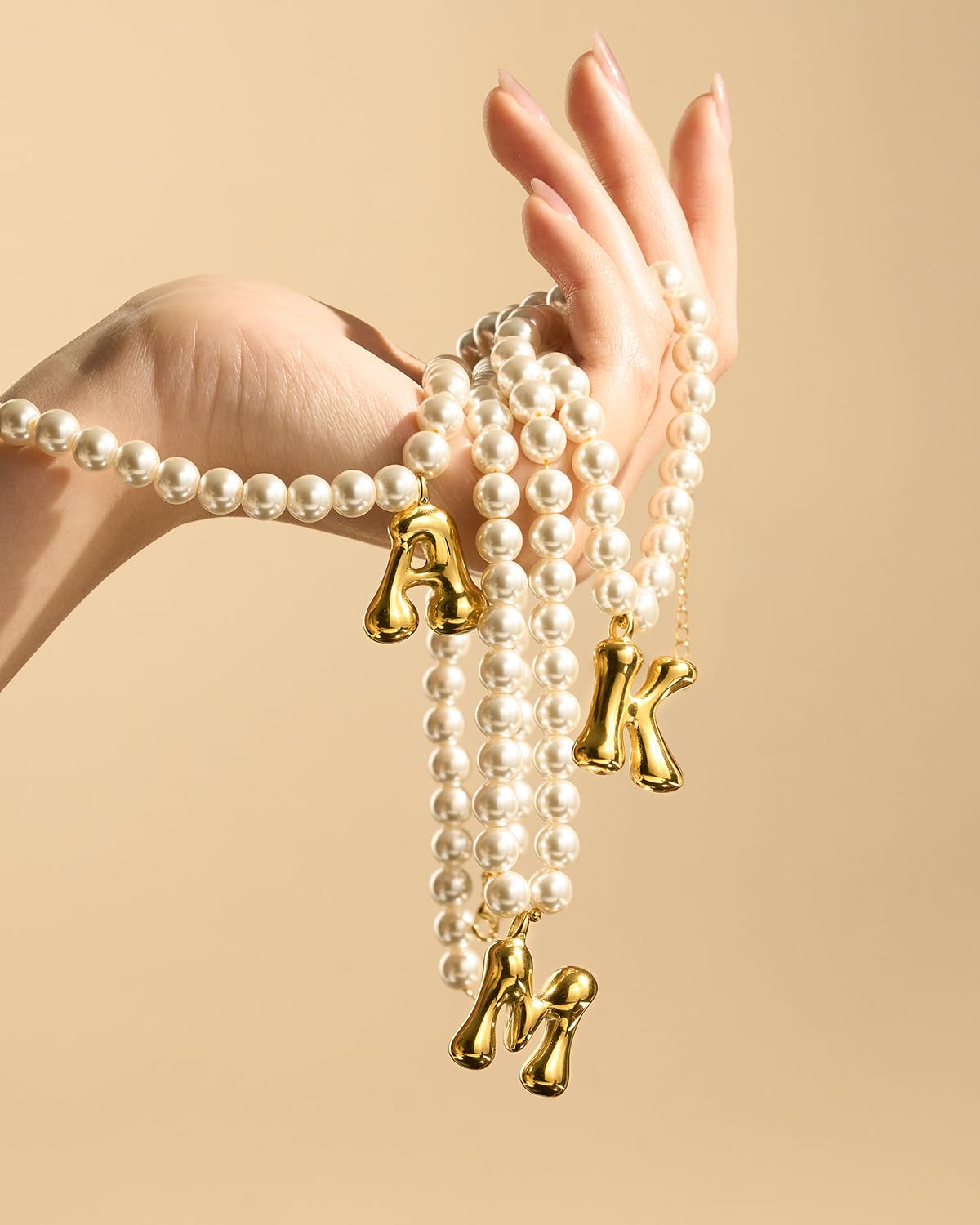 DoDoBeads Pearl Initial Necklace, 18K Gold Plated Stainless Steel Balloon Letter Pendant J, Non-Tarnish Waterproof Chunky Monogram Jewelry Gifts for Women Teens