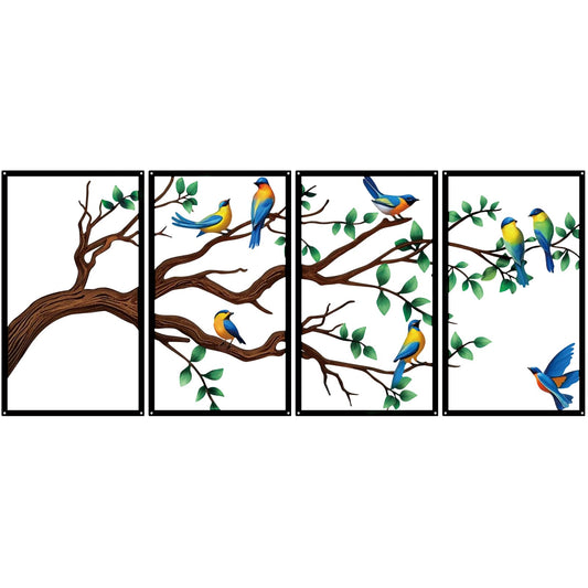 ruelen 4 Pieces Large Metal Birds and Branch Wall Art, Tree of Life Metal Wall Art, Colorful Leaves with Birds Silhouette Hanging Wall Sculpture for Living Room Home Bedroom Indoor Outdoor (Large)