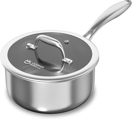 COOKER KING 1.5 Quart Stainless Steel Saucepan - Nonstick Ceramic Pot with Tempered Glass Lid | Induction Compatible & Dishwasher Safe