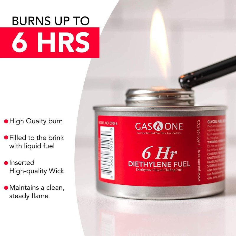 GasOne 6Plus Hour Chafing Fuel - Food Warmer for Chafing Dish Buffet Set - Liquid Safe Fuel With Wick & Lid Opener for Chafing Dish (Pack of 6)