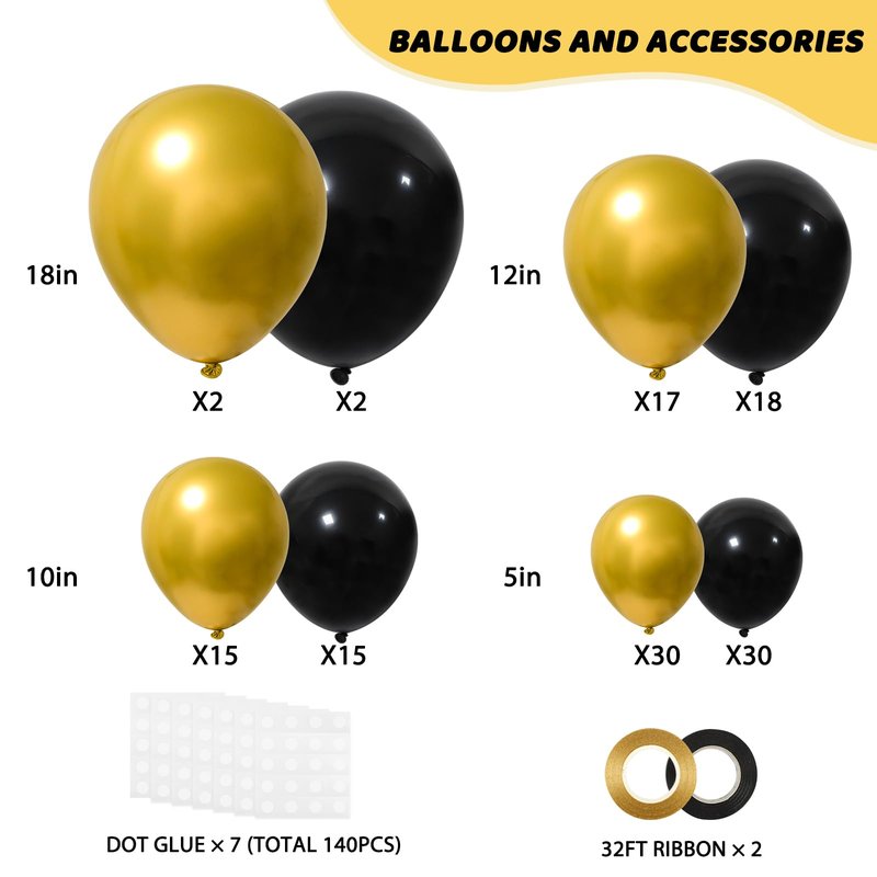 RUBFAC Black and Gold Balloons 129pcs Different Sizes Pack of 18 12 10 5 Inch, Latex Balloon Garland Arch Kit for Party Graduation Wedding Holiday Happy Birthday Decoration