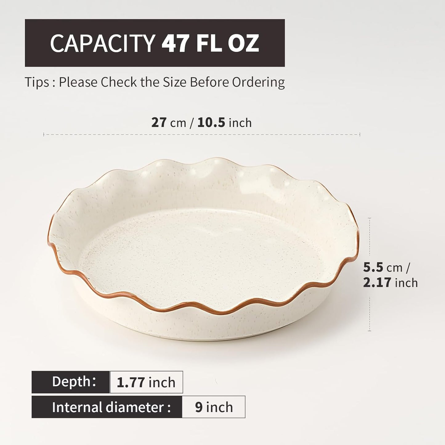 SIDUCAL Non-Stick Ceramic Pie Pan - 10.5 Inch Ruffled Edge, Dishwasher & Oven Safe, White