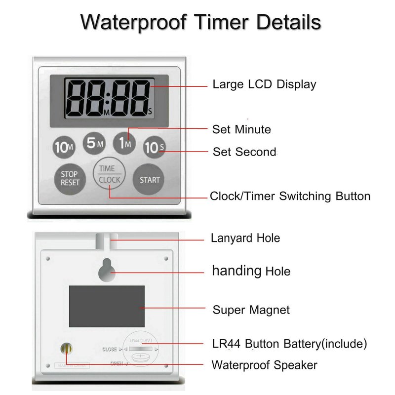 NUOSWEK Digital Timer Waterproof Shower Timer Shower Clock Bathroom Kitchen Timer with Strong Magnet and Large LCD Display (Waterproof 7 Key)