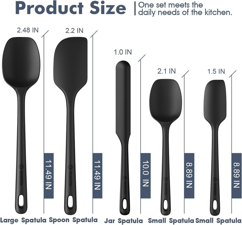 ChefAide 5 Pieces Silicone Spatula Set, Food Grade Rubber Spatula, Upgrade Strong Handle with Ergonomic Grip, Heat Resistant Up to 600°F for Nonstick Cookware, Cooking