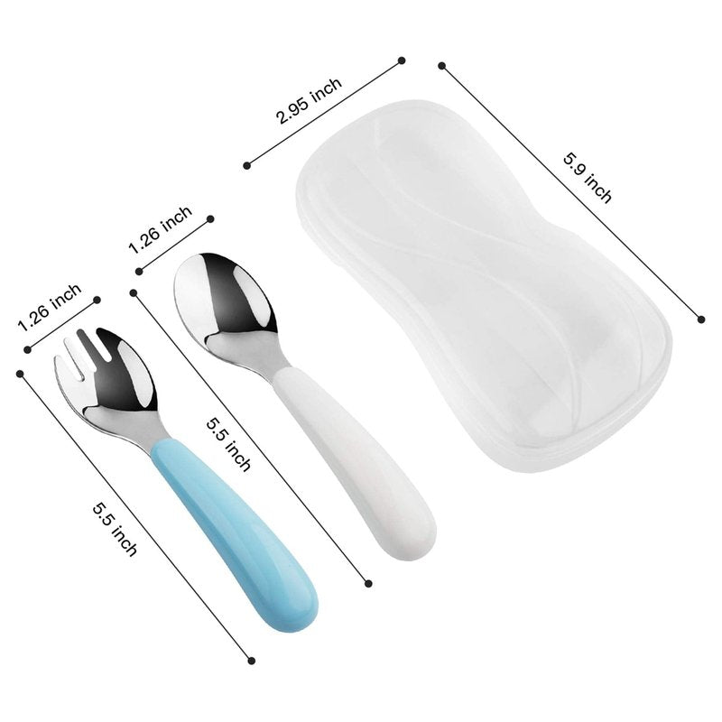Kirecoo 2 Set Toddler Utensils, Toddler Forks and Spoons, Stainless Steel kids Silverware Set, Designed for Self Feeding Flatware Utensils with Travel Carrying Cases BPA Free (White & Aqua)