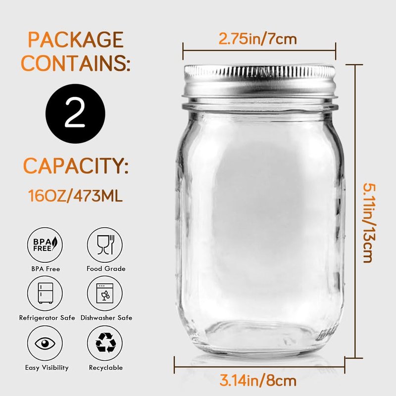 Showvigor 2 Pack Regular Mouth Mason Jars 16oz Glass Canning Jars with Airtight Lids for Preserving, Jam, Honey, Jelly, Wedding Favors, Sauces, Meal Prep, Overnight Oats, Salad