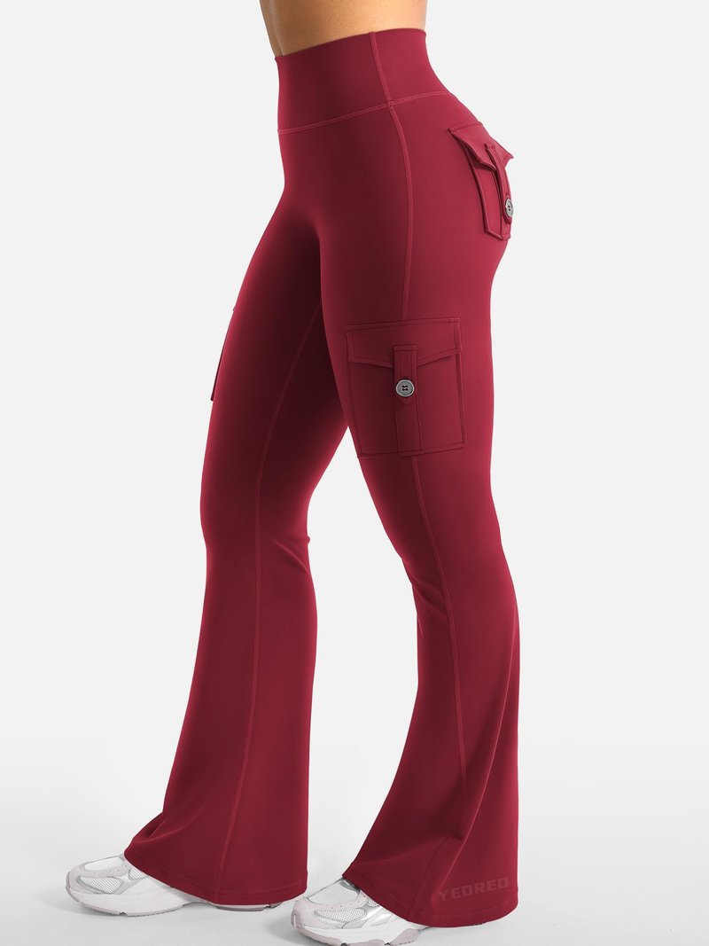 YEOREO CoreFlex Women Workout Flare Leggings with Pockets Hidden Scrunch Cargo Gym Yoga No Front Seam Leggings Wine L