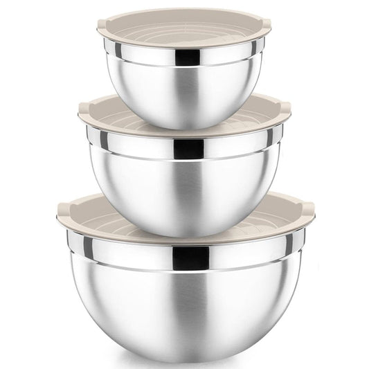 P&P CHEF Khaki Mixing Bowls with Lids, Set of 3, Stainless Steel Salad Nesting Bowl for Mixing, Storing, Prepping, Airtight & Stackable, Size 4.6/3 /1.5 QT
