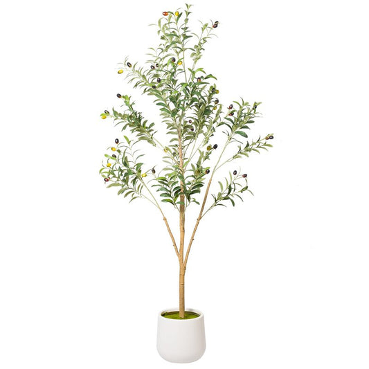 Artizone Artificial Olive Tree with White Pot - Faux Olive Tree for Home Decor, Tall Artificial Plants Indoor, Realistic Trunks Foliage Fruit, Office Decor (5FT)