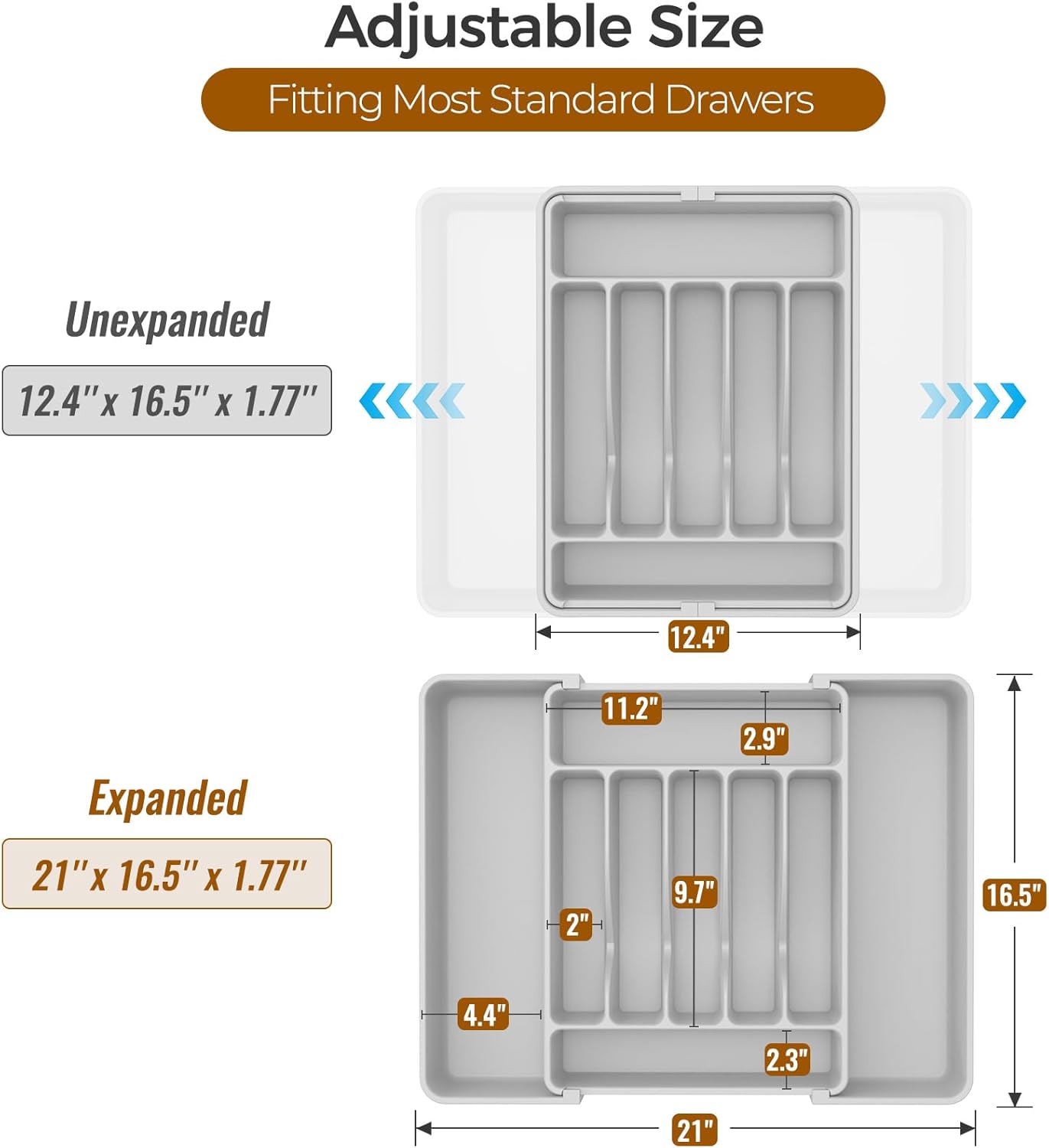 Ukeetap Extra Large Expandable Silverware Organizer - BPA-Free Cutlery Holder | Adjustable Gray Design