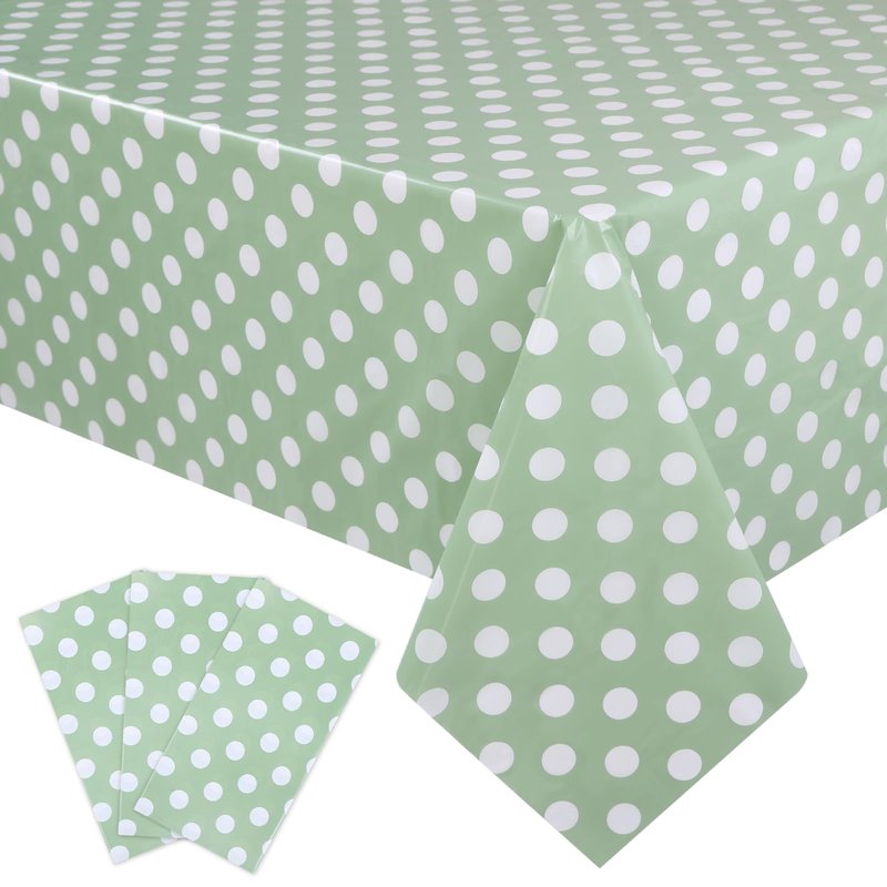 Kesfey 3 Pack Sage Green Polka Dot Table Cloths 54 x 108 Inch Sage Green and White Dots Tablecloth Disposable Plastic Sage Green Tablecover Waterproof Rectangle Picnic Table Covers for Birthday Party