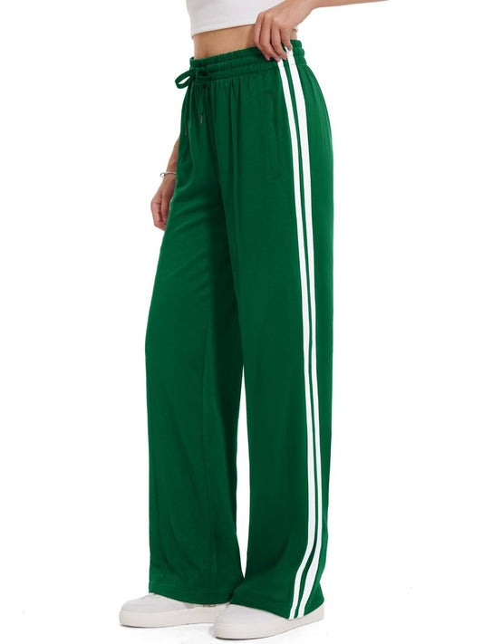 Tapata Women 30" Inseam Warm Up Track Pants Wide Leg Baggy Sweatpants Lightweight Side Stripe Ladies Slacks Workout, Green, L