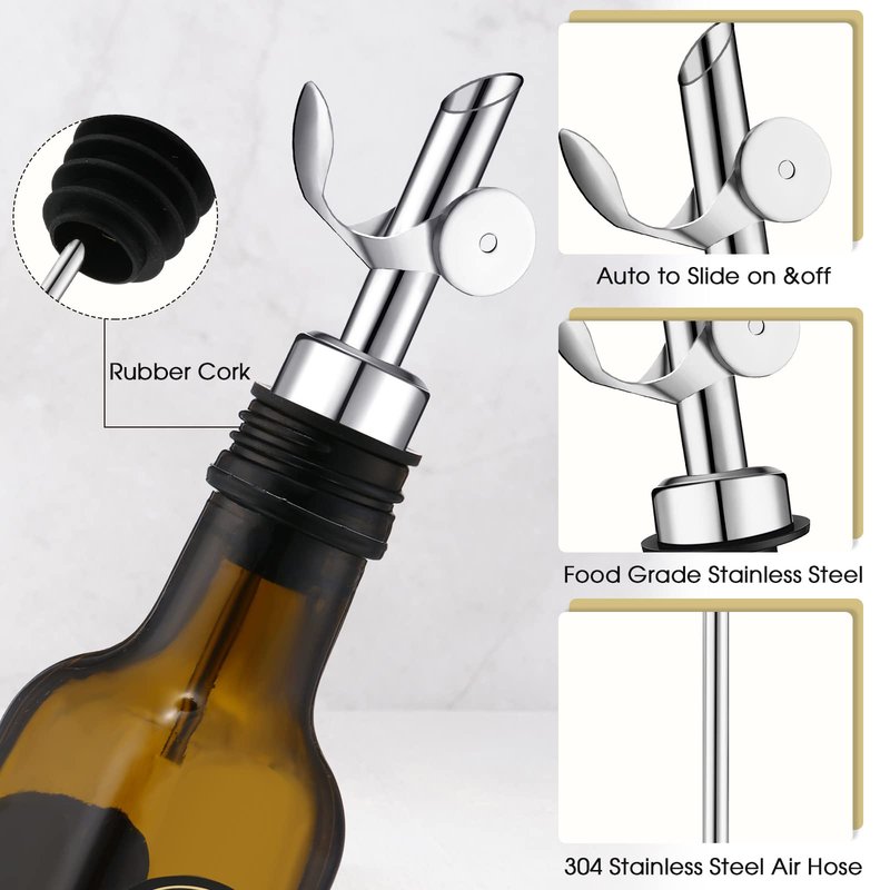 Kinlop 6 Pcs Weighted Stainless Steel Liquor Bottle Pourers Auto Flip Olive Oil Dispenser Spout Balsamic Alcohol Pourer Spouts (Silver)