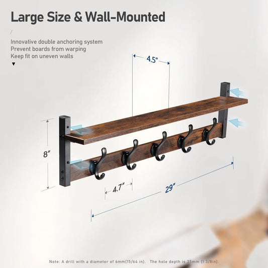 Tatub 29" Rustic Coat Rack Wall Mount with Shelf, Entryway Wall Hooks with Shelf, Coat Hangers for Bathroom, Living Room, Bedroom, Rustic Black