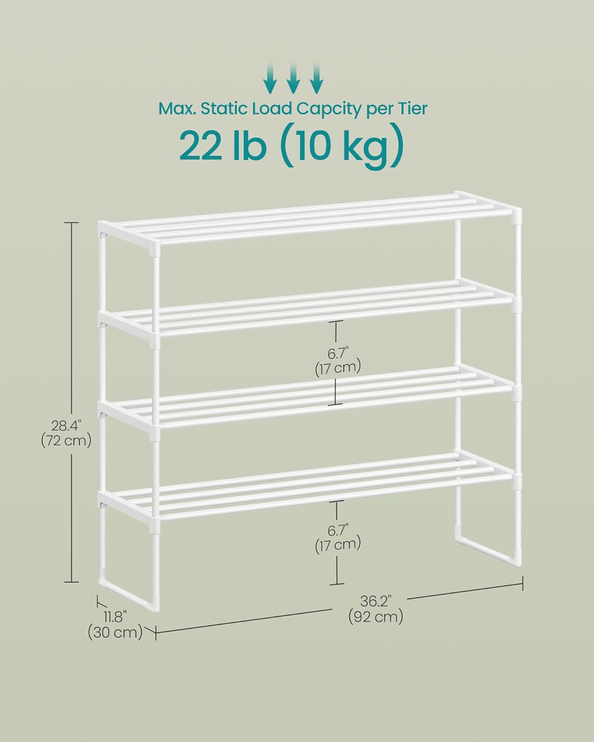 SONGMICS 4-Tier Shoe Rack - Stackable Metal Organizer for 20-25 Pairs | Pearl White, 11.8 x 36.2 x 29.1 Inches