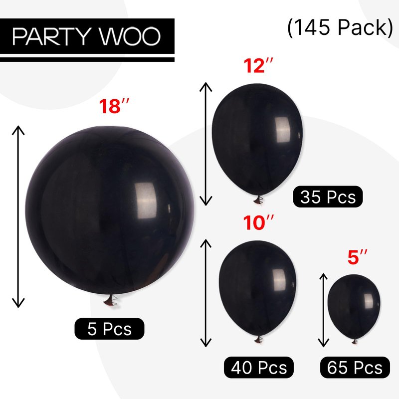 PartyWoo Black Balloons 145 pcs Different Sizes of 18 12 10 5 Inch Black Balloons Arch Kit Garland for Baby Shower Birthday Graduation Casino Gaming Anniversary Race Car Party Decorations Black-Y18