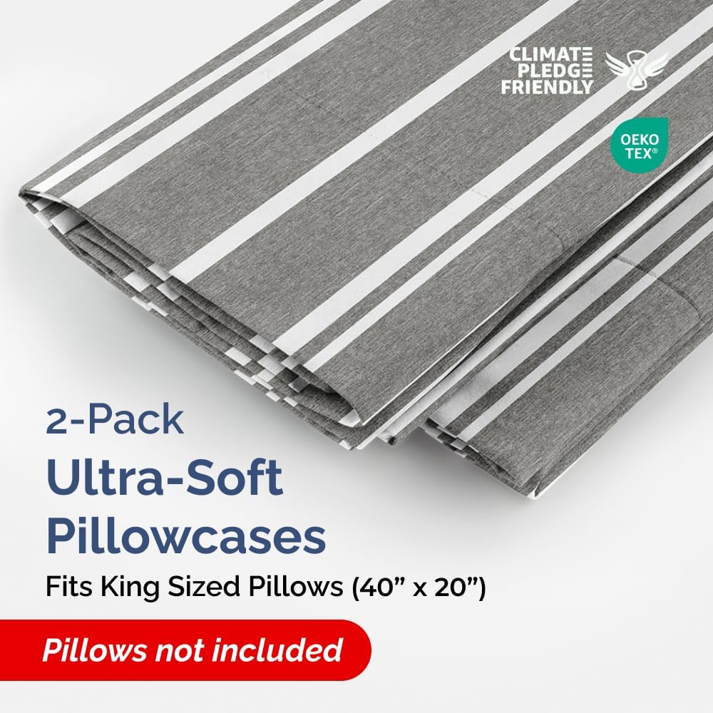 King Pillow Cases by [Brand Name] - Ultra Soft Hotel Quality - Wrinkle-Free & Fade Resistant - 2 Piece Set in Grey Stripes