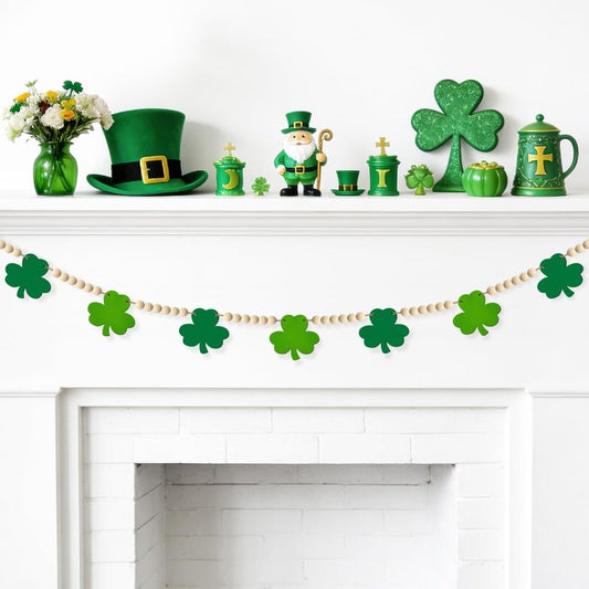 St Patricks Day Decorations St Patricks Day Decor Pre-Assembled Irish Wooden Beads Shamrock Garland Decorations for Mantel Wall Decor March Celebration Home Party Birthday