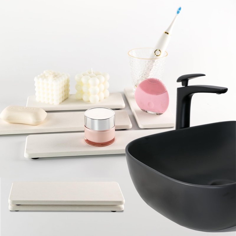 NiuYichee 2 Pcs Water Absorbing Stone Trays, Kitchen/Bathroom Sink Soap Dish, Diatomite Tray Used for Hand Soap & Cosmetic Bottles in The Modern Home, 3.15" W x 8.7" L, White