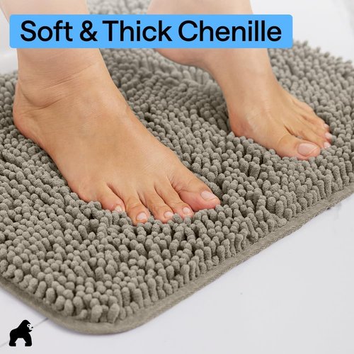 Gorilla Grip Shaggy Chenille Bath Rug Mat - Plush Absorbent U-Shape Toilet Mat, 22" x 19" x 15", Latte