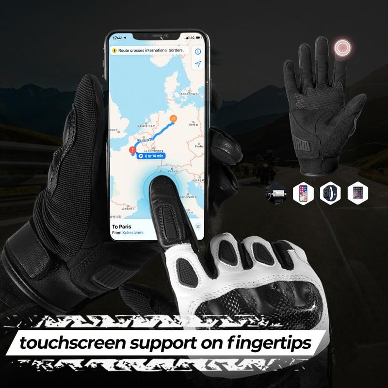 WTACTFUL Carbon Knuckle Motorcycle Gloves for Men and Women Full Finger Touchscreen Motorbike Gloves for BMX ATV MTB Riding Road Racing Motocross Black L
