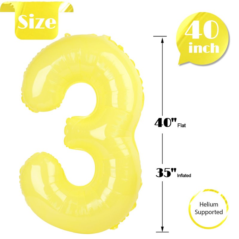 Yellow Number 3 Balloon 40 Inch, 3rd Birthday Celebration Supplies for Girls Boys Women Men, 3 Balloon for Girls Boys Theme Party