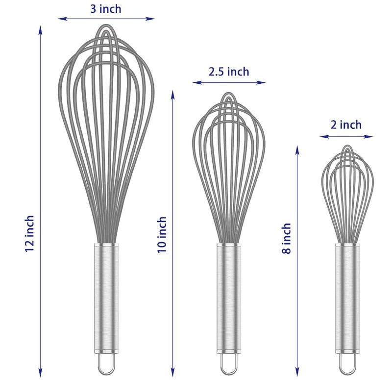 OYV Grey Silicone Whisk, Professional Whisks For Cooking Non-Scratch, Stainless Steel & Silicone Wisk, Plastic Rubber Whisk Tool For Nonstick Cookware Pans, Silicon Wisks Set of 3