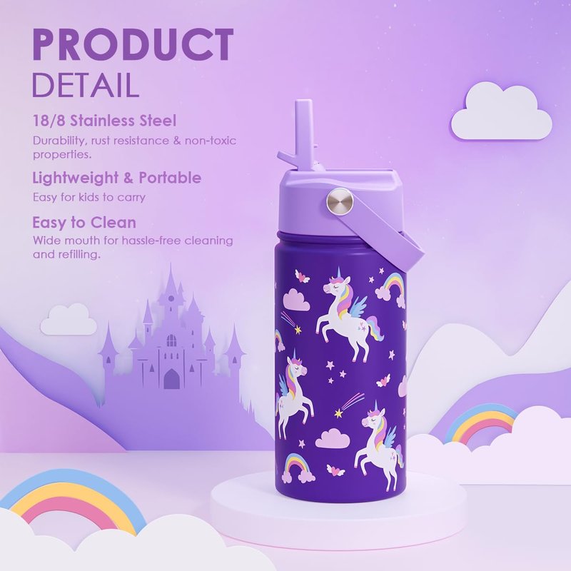 Unicorn Kids Water Bottle With Straw Lid 12oz Insulated Stainless Steel, Travel Tumbler, Unicorn Gifts For Girls, Birthday, Christmas, Back To School