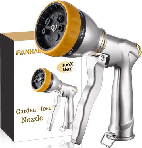 FANHAO Heavy-Duty Metal Garden Hose Nozzle - 7 Spray Patterns for Watering, Car Washing & Pet Showering