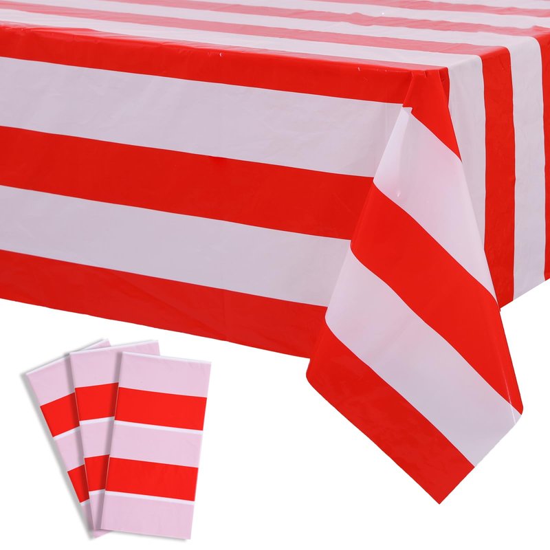 Kesfey 3 Packs Red and White Vertical Striped Tablecloth 54 x 108 Inch Circus Carnival Theme Party Table Cloths Decorations Waterproof Red Striped Picnic Table Cover for Patriotic Birthday Party
