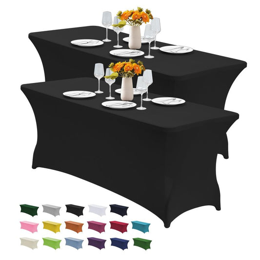 CWK 6FT 2Pcs Stretch Spandex Table Cover for Rectangular Tables - Elastic Fitted Tablecloth for Folding Tables, Wrinkle Resistant, Durable Table Protector for Parties,Weddings,Banquets &Events (Black)