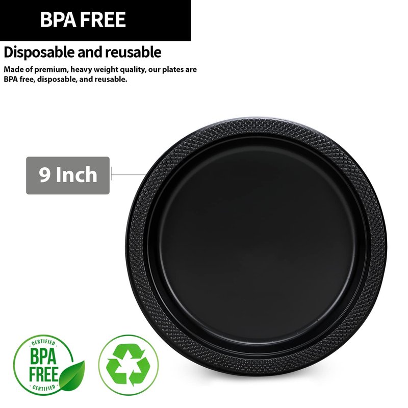 Black Plastic Plates 9 Inch - 50 count - Plastic Solid Round Party Plates For Weddings, BBQs, Birthday Plates - Disposable Black Plates - Plastic Dessert Plates