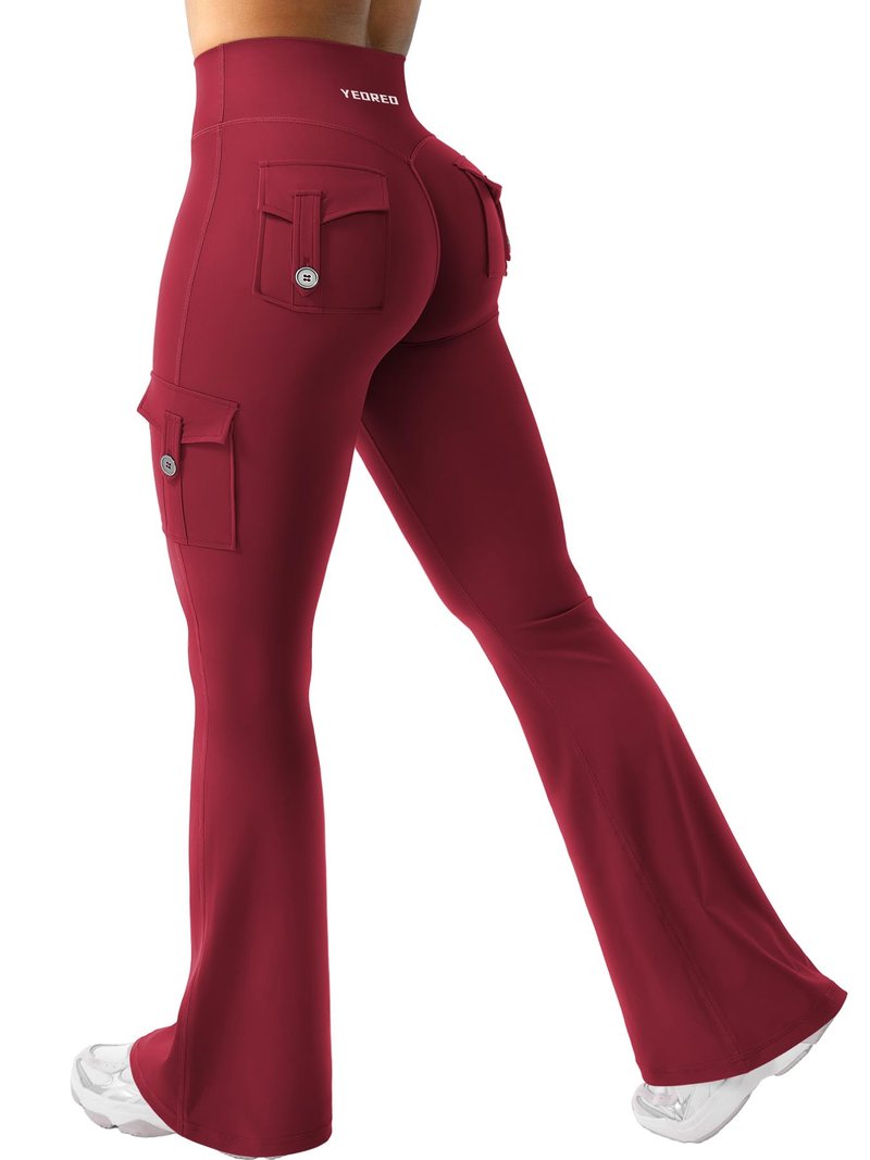 YEOREO CoreFlex Women Workout Flare Leggings with Pockets Hidden Scrunch Cargo Gym Yoga No Front Seam Leggings Wine L