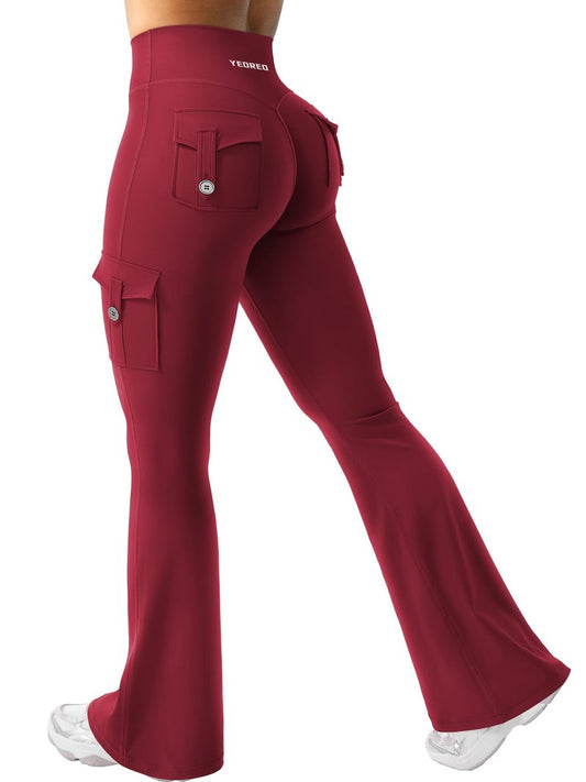 YEOREO CoreFlex Women Workout Flare Leggings with Pockets Hidden Scrunch Cargo Gym Yoga No Front Seam Leggings Wine L