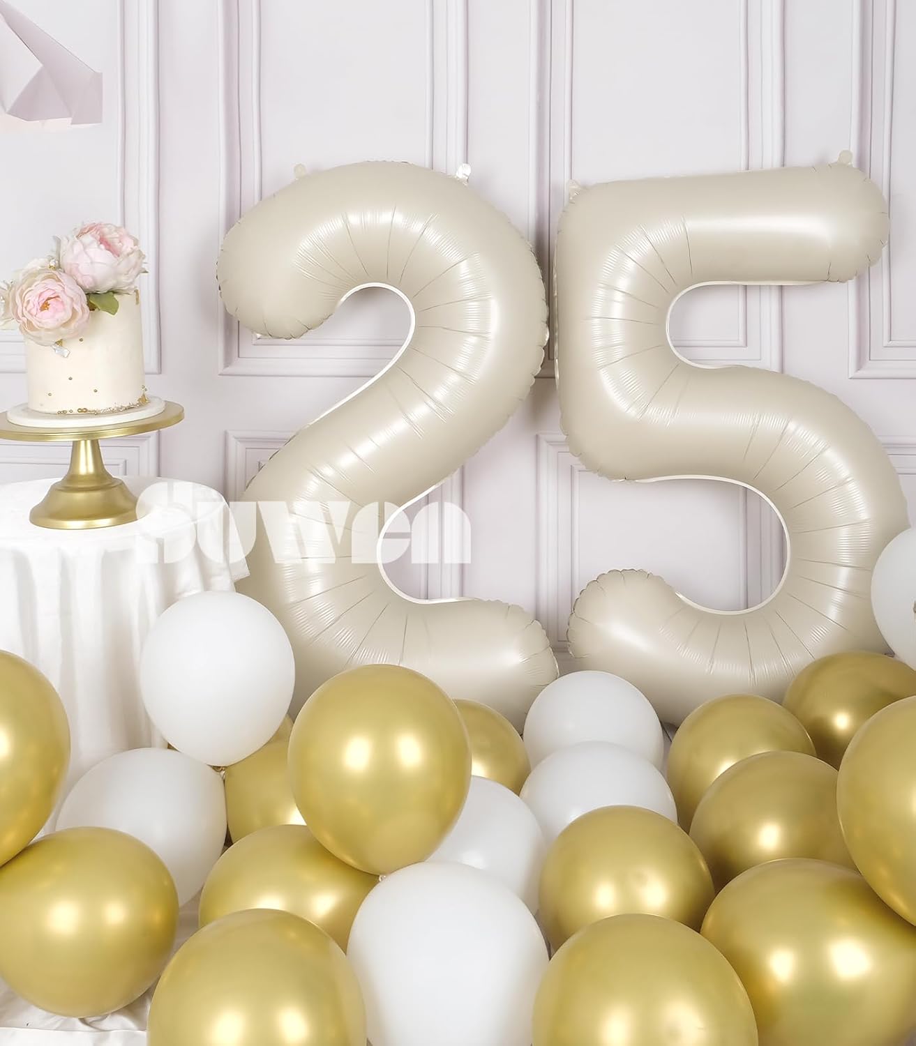 SUWEN Jumbo 40-Inch Cream White Foil Number Balloons | 0-9 Mylar Birthday Decorations for 25th Anniversary