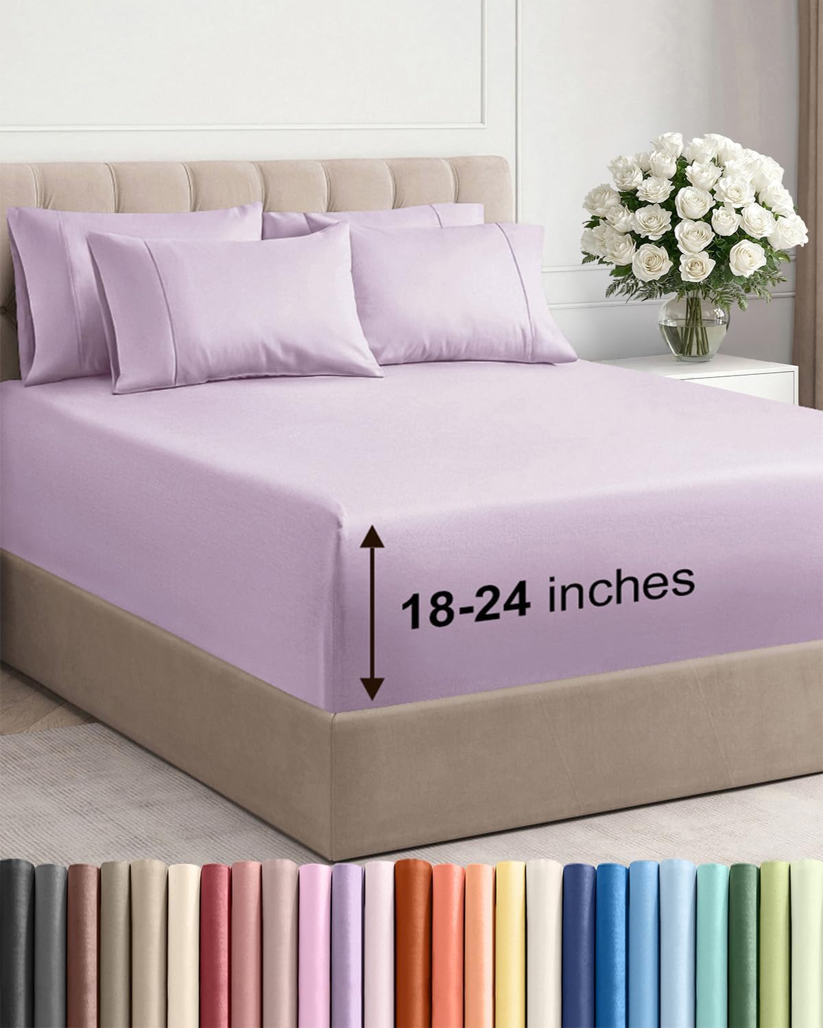 Skiennix Extra Deep Cal King Sheet Set - 6 Piece Breathable Cooling Bedding - Soft Wrinkle-Free Light Lavender