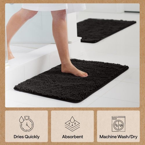 GORILLA GRIP Bath Rug Mat - Thick Soft Absorbent Chenille | Quick-Dry Microfiber, 24x17, Black