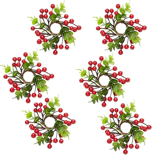 Skiennix Artificial Christmas Candle Ring Set - Red Berries & Eucalyptus, 1.25" Inner Diameter, Set of 6