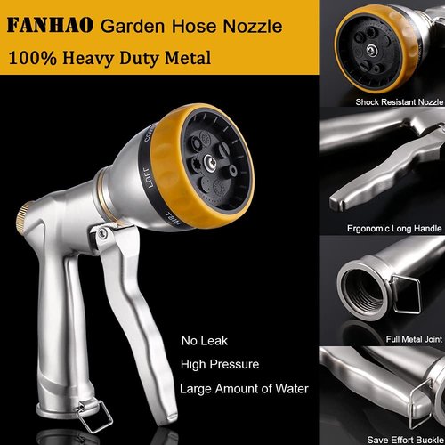 FANHAO Heavy-Duty Metal Garden Hose Nozzle - 7 Spray Patterns for Watering, Car Washing & Pet Showering