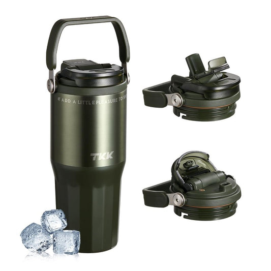 TKK 24 oz Ceramic Coated Tumbler with Straw Lid, 18/10 Stainless Steel Vacuum Tumblers, Leakproof Double Walled Car Cup with Handle & Tea Infuser& Dishwasher Safe, for Hot & Cold Drinks,Alpine Green