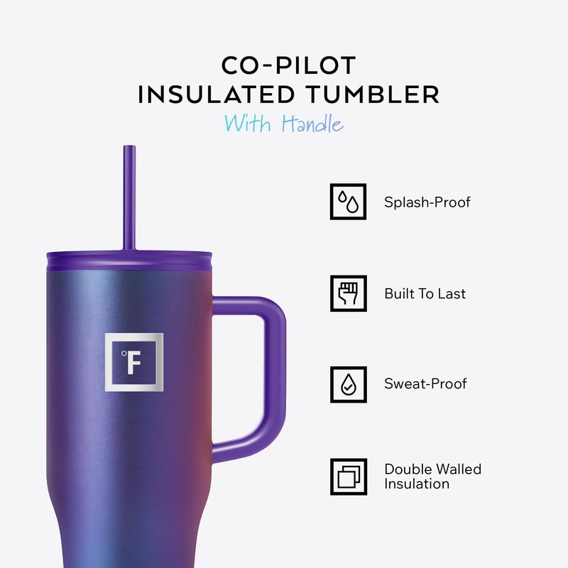 IRON °FLASK Co-Pilot Insulated Mug w/Straw & Flip Cap Lids - Cup Holder Bottle for Hot, Cold Drink - Leak-Proof - Water, Coffee Portable Travel Mug - Aurora, 32 Oz