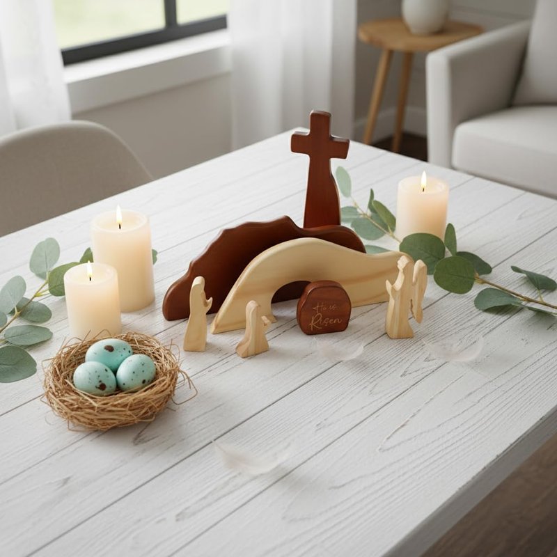RUSATEN He is Risen Easter Decor – Wooden Resurrection Scene with Empty Tomb, Cross & Figurines, Christian Religious Tabletop Decoration for Home, Faith Easter Gift, Easter Basket Stuffer