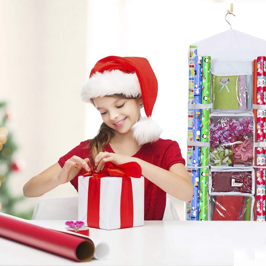 Primode Gift Wrap Organizer - Over The Door Wrapping Paper Storage With Double-Sided Pockets | 40”x17” (White)