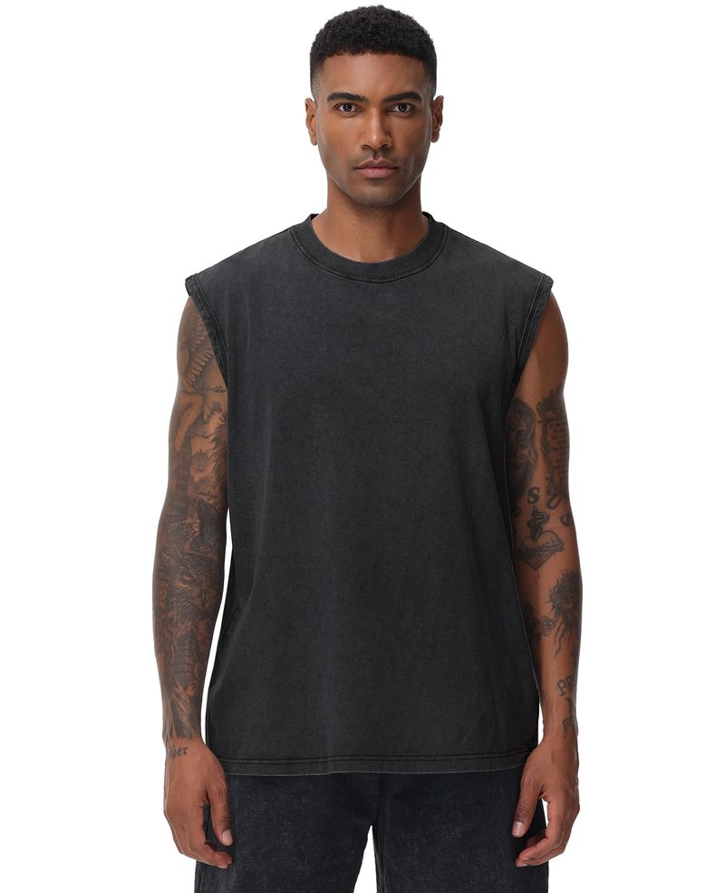 SnowElve 3 Pack Mens Workout Tank Tops Sleeveless Tee Shirts Men Muscle Shirt Gym Acid Wash T Shirts Running Beach Loose Fit Tee(ACCFBK,S)
